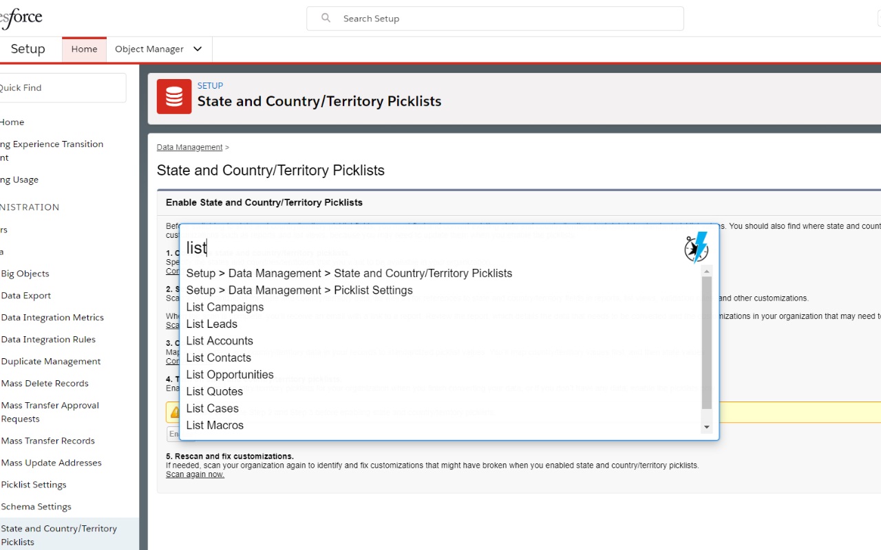 Salesforce Navigator open on a setup page